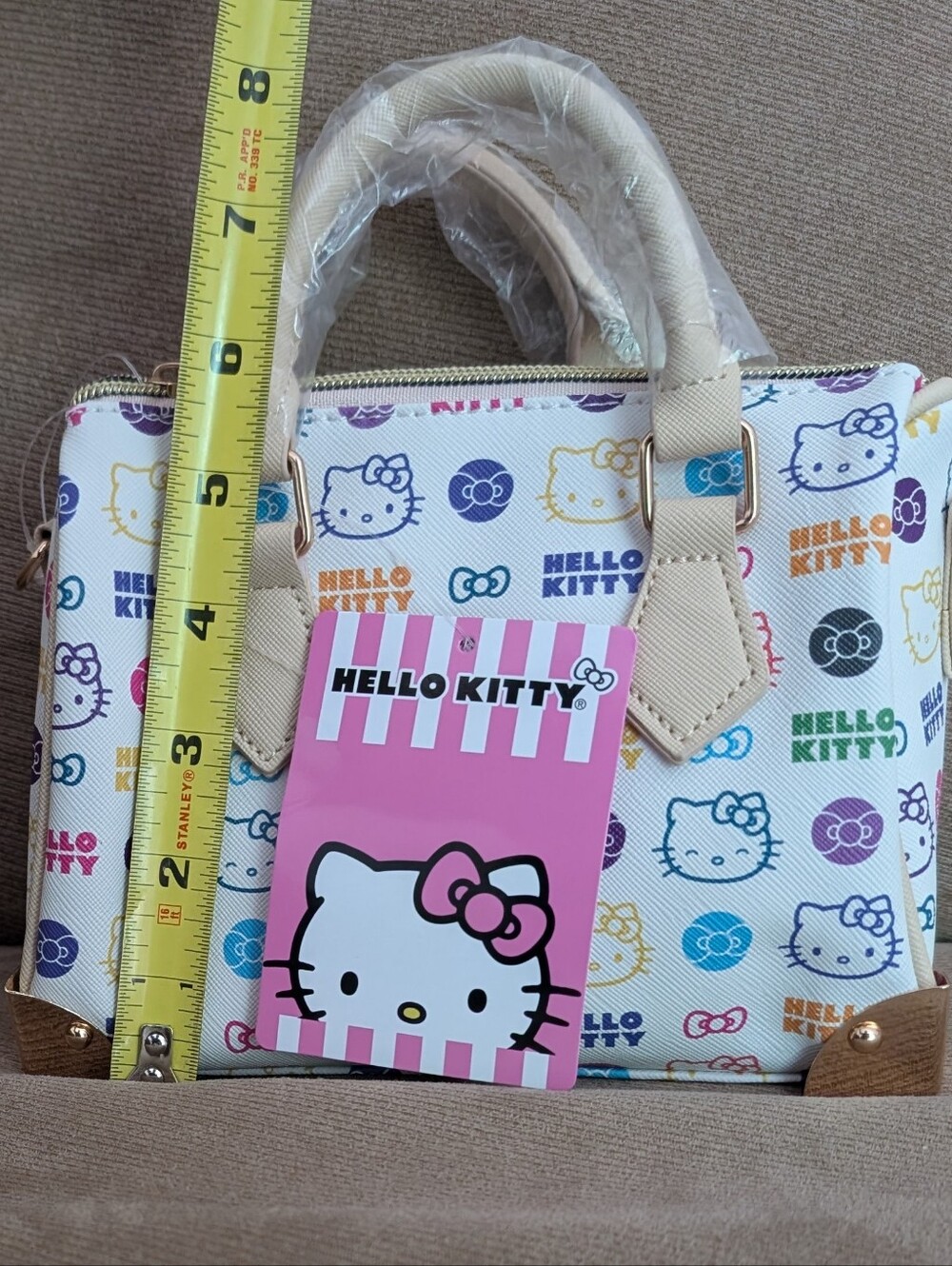 Hello Kitty Multicolor Mini Crossbody Bag w/Metal Feet Beige Trim Sanrio Gift - Picture 6 of 8